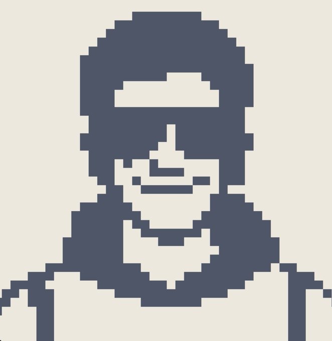 A pixel art portrait of a character with short hair, sunglasses, and an open-mouthed smile, rendered in a dark gray silhouette against a beige background.