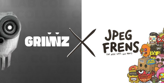 A promotional graphic announces a collaboration between 'GRÜNZ' (featuring a stylized skull-like character) and 'JPEG FRENS' (showing their signature colorful cartoon monster characters), separated by a large X mark.