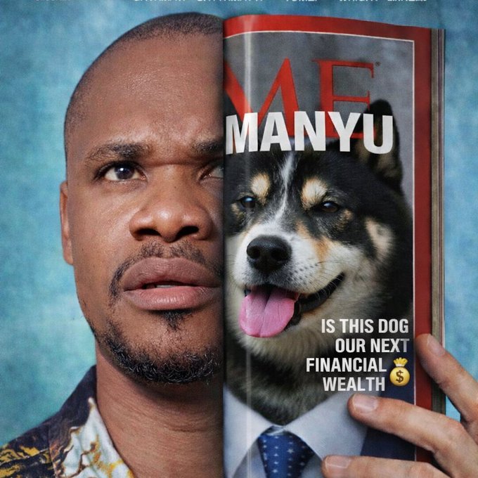 ers of a man holding a magazine with the title "ME F MANYU" and an advertisement for financial wealth, featuring a black and white dog's face.