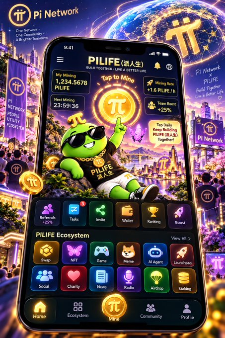 A vibrant promotional image for Pi Network's PILIFE app showing a green frog mascot wearing Pi-branded clothing, with mining stats and various ecosystem features like Swap, NFT, Game, and Staking.
