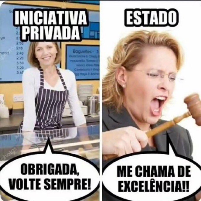 A two-panel meme contrasts private enterprise ("INICIATIVA PRIVADA"), shown as a smiling café worker in an apron saying "OBRIGADA, VOLTE SEMPRE!" ("Thank you, come back!"), with the state ("ESTADO"), shown as an angry judge banging a gavel demanding "ME CHAMA DE EXCELÊNCIA!!" ("Call me Your Honor!!").