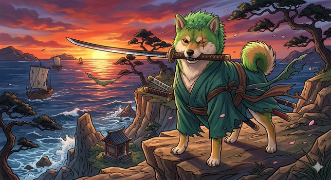 A green-furred Shiba Inu dressed as a samurai stands on a cliff holding a katana, set against a sunset seascape with Japanese-style ships and pine trees. The image playfully reinforces the post's theme of SHIB's Japanese connection through the iconic samurai mascot.