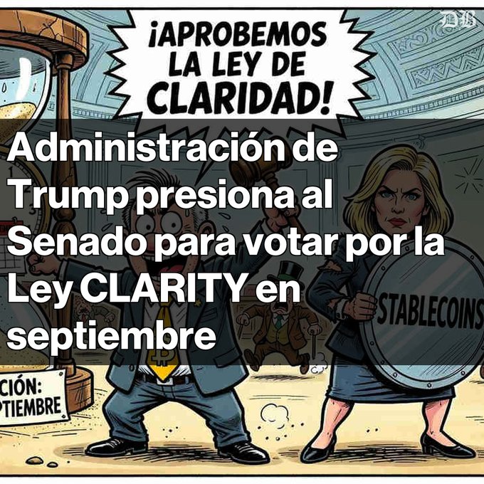 A cartoon graphic with the headline 'Administración de Trump presiona al Senado para votar por la Ley CLARITY en septiembre' overlaid on an illustration of a politician and a woman holding a shield labeled 'STABLECOINS', with a speech bubble reading '¡APROBEMOS LA LEY DE CLARIDAD!'.