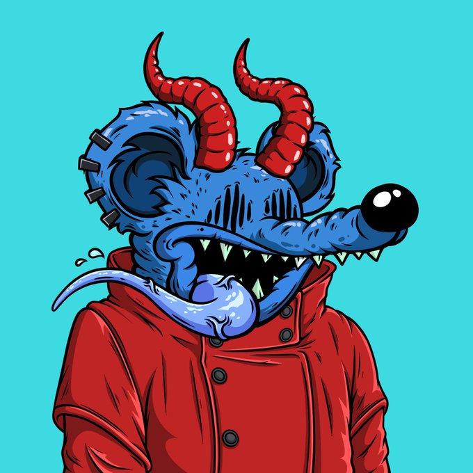 An illustration of a blue rat-like creature with red horns, sharp teeth, and a protruding tongue, wearing a red button-up shirt against a cyan background.