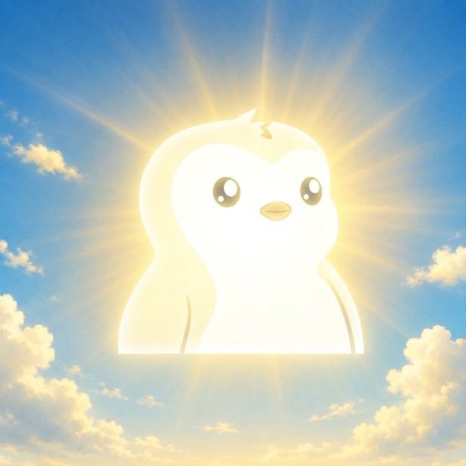 A cute, glowing white cartoon bird character with large eyes set against a bright blue sky with clouds and radiant sunbeams.