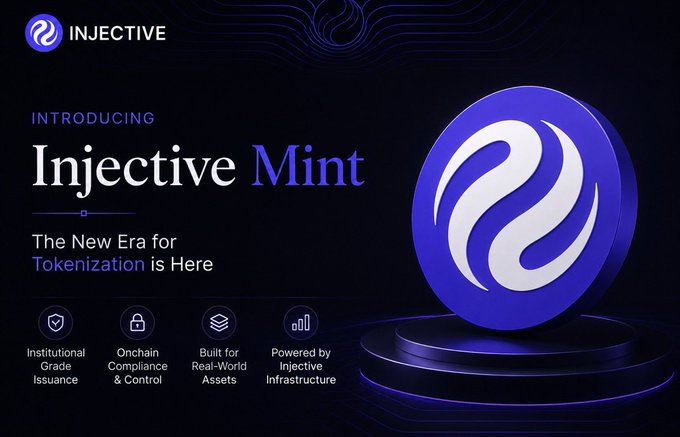 Promotional graphic for 'Injective Mint' introducing tokenization with features: Institutional Grade Issuance, Onchain Compliance & Control, Built for Real-World Assets, and Powered by Injective Infrastructure.
