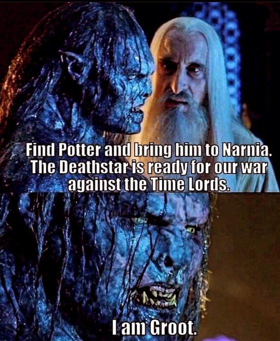 A two-panel meme featuring a fantasy character and a wizard with text reading "Find Potter and bring him to Narnia. The Deathstar is ready for our war against the Time Lords" and "I am Groot."