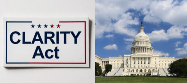The image shows a "CLARITY Act" sign next to the U.S. Capitol building, illustrating the post's message that this crypto legislation, which could trigger the next crypto wave, remains without a voting date despite the upcoming August 7th deadline.