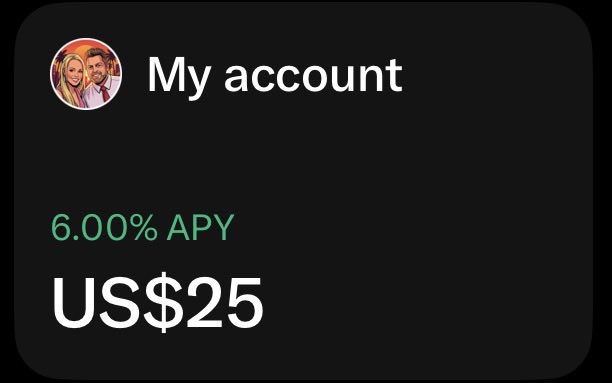 This image shows an "My account" screen displaying "$25" with "6.00% APY", confirming the user's statement about receiving money and an interest rate from X money.