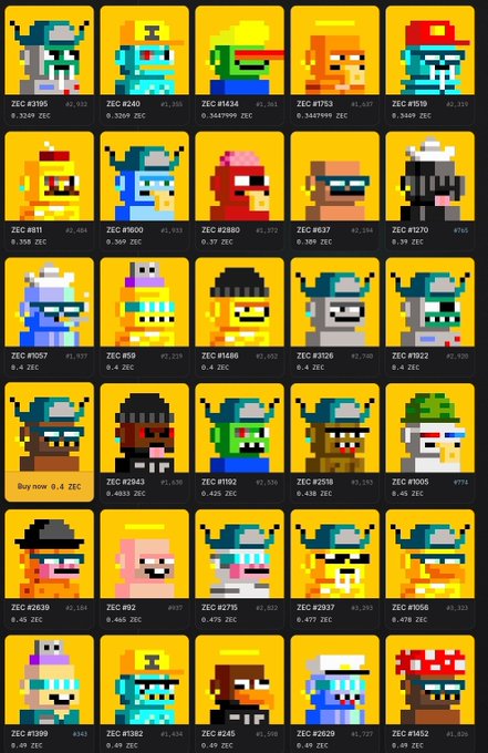 A grid displaying various pixel art character NFTs labeled as ZEC collectibles, each with prices ranging from 0.2 to 0.5 ZEC.