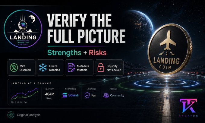 The image is a promotional graphic for "LANDING" token analysis, highlighting its "Strengths + Risks" with the headline "VERIFY THE FULL PICTURE," and showcasing features like mint authority disabled and freeze authority disabled along with 404M fixed supply on the Solana network. The accompanying text emphasizes that LANDING stands out by transparently disclosing these security features, specifically the disabled mint and freeze authorities, rather than hiding them from potential buyers.