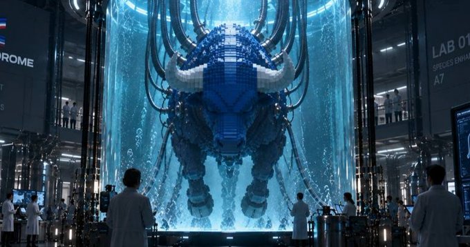 In a high-tech laboratory labeled "LAB 01, SPECIES ENHANCED, A7" with "ROME" visible on the side, scientists in lab coats observe a massive, pixelated bull-like creature suspended in a glowing blue cylindrical tank. The image evokes a sense of awe and trepidation, perfectly matching the post's ominous warning that "You're not ready for what's coming."