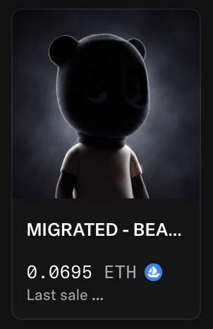 An NFT listing card for a 'MIGRATED - BEA...' item showing a dark character figure, priced at 0.0695 ETH with a Last sale indicator.