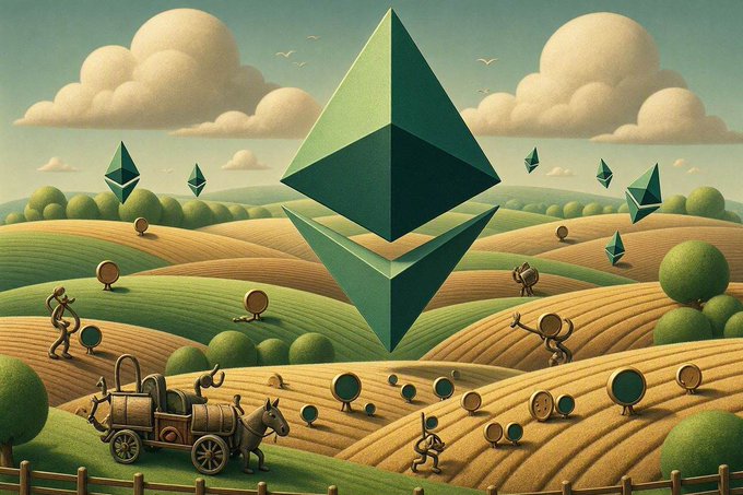A surreal digital artwork depicts a large green Ethereum diamond logo floating over rolling yellow and green fields, with small cartoonish figures, a horse-drawn cart, and floating Ethereum symbols scattered throughout the landscape.