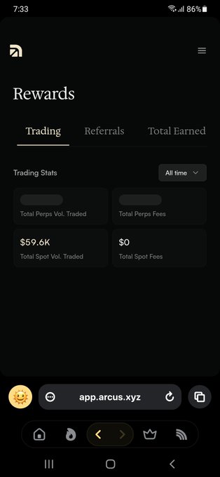 A mobile screenshot of a cryptocurrency rewards dashboard from app.arcus.xyz showing trading stats including $59.6K Total Spot Volume Traded and $0 Total Perps Fees, accessed at 7:33 with 86% battery.