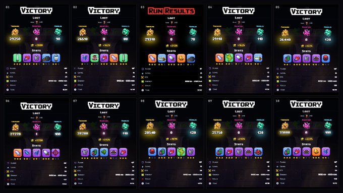 A collage of ten game victory/run results screens showing loot, stats, and various rewards from gameplay.