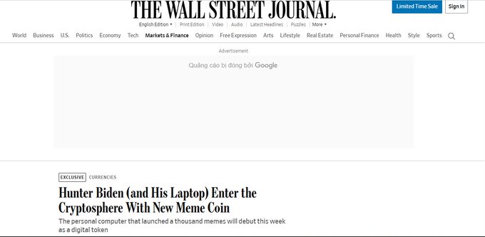 A screenshot of a Wall Street Journal article headlined "Hunter Biden (and His Laptop) Enter the Cryptosphere With New Meme Coin," reporting that the personal computer that sparked the infamous "Hunter Biden laptop" story will be debuting this week as a digital token, as referenced in the accompanying post discussing the launch of the meme coin $LAPTOP and warnings about FOMO investing.