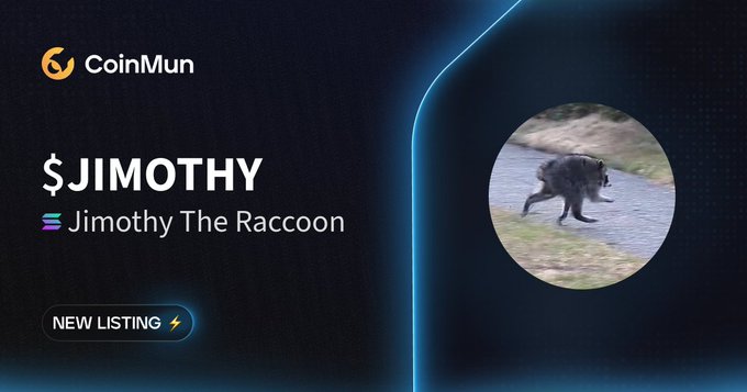 A CoinMun "New Listing" announcement card for "$JIMOTHY - Jimothy The Raccoon," featuring a photo of a raccoon in a circular frame on the right side. The design uses a dark blue background with the CoinMun logo in the top left, promoting the raccoon-themed Solana memecoin.