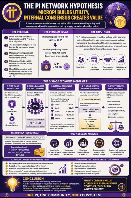 The title of the image reads "The Pi Network Hypothesis", which indicates that it is an infographic or visual representation aimed at explaining something about a network or system, as opposed to presenting actual data. The main focus of the infographic is the concept of intrinsic value and its relationship with the network or system. This idea is explained in relation to utility, transactions within the ecosystem, and the collective consensus among participants.
