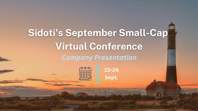 A promotional banner for "Sidoti's September Small-Cap Virtual Conference" scheduled for 23-24 Sept., set against a sunset landscape featuring a red and white striped lighthouse.