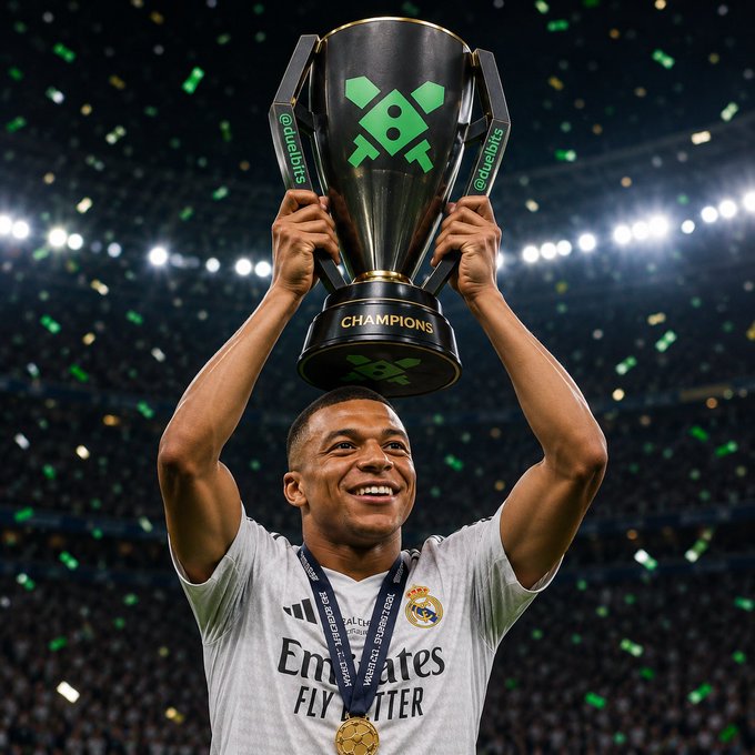 A smiling soccer player wearing a Real Madrid jersey holding up a '@duelbits' Champions trophy with confetti falling around him.