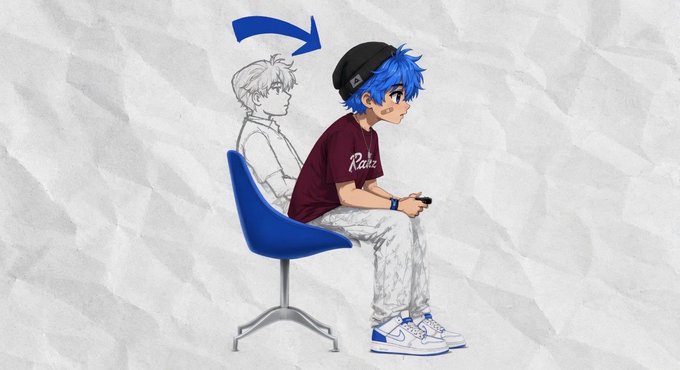 An anime-style character with blue hair, wearing a black cap and a maroon shirt reading "Rage," sits on a blue chair holding a controller, with a transparent ghost-like figure of the same character behind them and a blue arrow pointing to their head. The image's gaming/token-launching vibe pairs with the post announcing the launch of $ANSEMWIFE, where the seated character symbolizes the new "queen" joining the $ANSEM community.