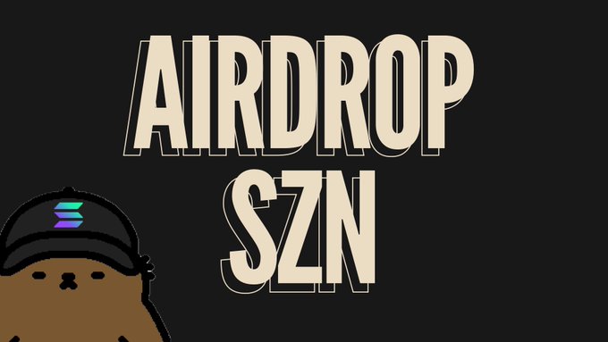 A graphic featuring the text 'AIRDROP SZN' in large cream-colored block letters on a black background, accompanied by a cartoon character wearing a black cap with a Solana logo on the lower left.