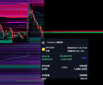 A cryptocurrency chart showing BTC/USDT perpetual contract data on CoinAnk, priced at 214.66 BTC ($1,343.78B) with 24-hour volume of 1,292.23万 ($206.43).