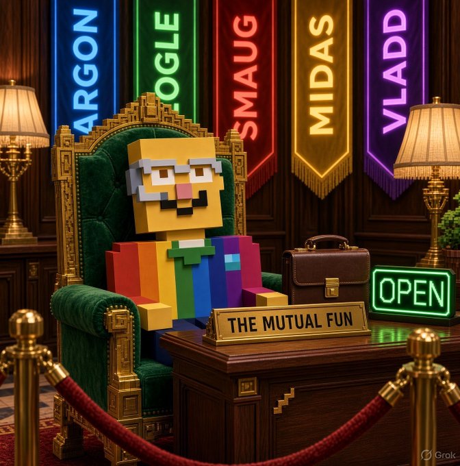 A pixelated Minecraft-style character sits in a green velvet chair behind a desk labeled "THE MUTUAL FUN" with an "OPEN" neon sign and banners displaying the five fund seat names (Argon, Bogle, Smaug, Midas, Vladd), visually representing the launch of $TMF where holders vote on fund holdings.