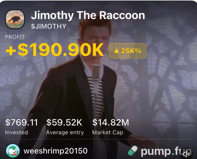 The image shows a pump.fun profile for the memecoin "$JIMOTHY" (Jimothy The Raccoon), featuring a man in a suit singing into a microphone as the token's image. The profile displays a profit of +$190.90K (▲25K%) on an investment of $769.11, with a market cap of $14.82M, posted by user "weeshrimp20150." This visualizes the post's claim of a 248x return on a small initial investment in $Jimothy, highlighting the meme coin's dramatic early gains.