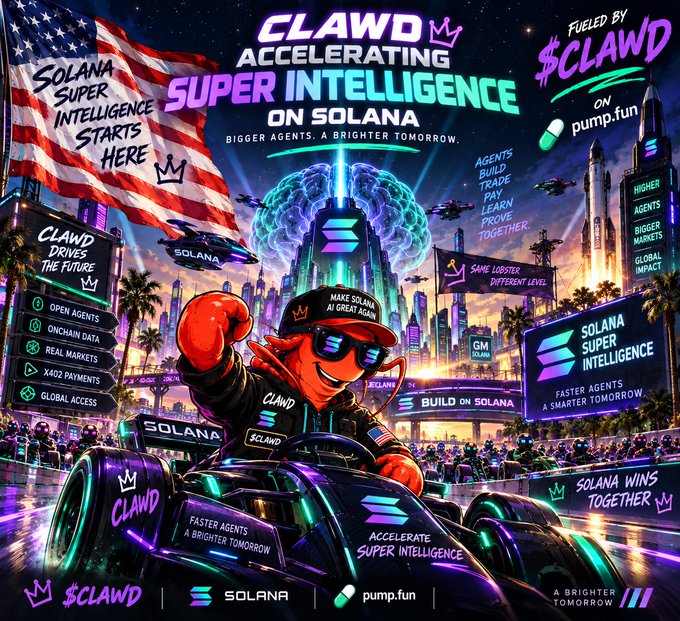 A promotional graphic for "$CLAWD" featuring "CLAWD ACCELERATING SUPER INTELLIGENCE ON SOLANA," with an anthropomorphic red character in a racing car and an American flag in the background.