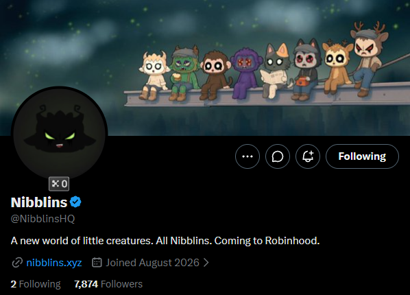 A Twitter/X profile for "Nibblins" (@NibblinsHQ) featuring a banner with eight cartoon creature characters sitting together at night, with the account bio reading "A new world of little creatures. All Nibblins. Coming to Robinhood." The profile shows 2 Following, 7,874 Followers, and links to nibblins.xyz, promoting an upcoming NFT collection on the Robinhood Chain with 10k supply and hand-drawn traits.
