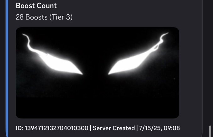 A Discord boost notification showing 'Boost Count: 28 Boosts (Tier 3)' with a pair of glowing white eyes on a black background, ID: 1394712132704010300, Server Created 7/15/25, 09:08.