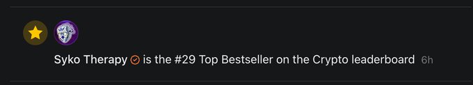 The image shows a Substack notification indicating "Syko Therapy" is the #29 Top Bestseller on the Crypto leaderboard. This relates to the post celebrating breaking into the Top 20s on Substacks Crypto newsletter leaderboard, highlighting the achievement of reaching a high ranking as a crypto newsletter.