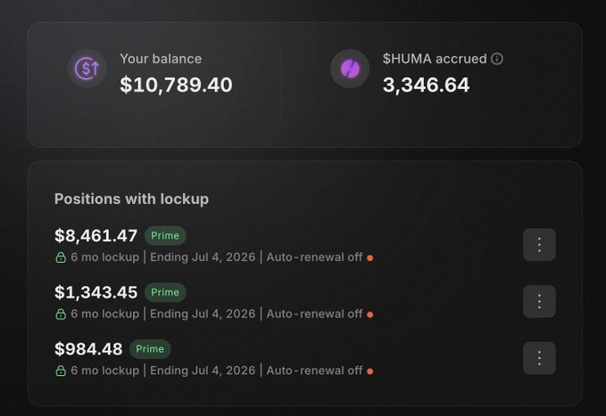 A crypto platform dashboard showing a balance of $10,789.40 with $HUMA accrued of 3,346.64, and three 'Positions with lockup' Prime entries ($8,461.47, $1,343.45, $984.48) all with 6-month lockup ending July 4, 2026, with auto-renewal off.