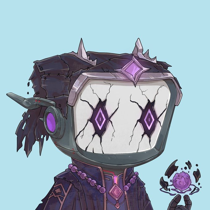 A digital illustration of a stylized character with a cracked monitor for a head displaying purple diamond-shaped eyes, wearing dark spiked armor and holding a purple orb.