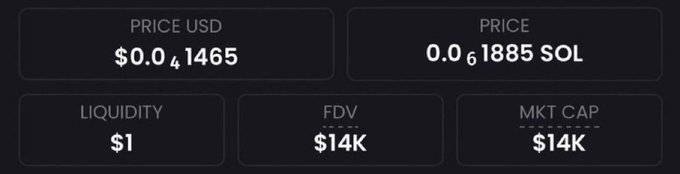 A cryptocurrency dashboard displays a micro-cap token with a price of $0.00001465 USD (0.0000001885 SOL), a fully diluted valuation and market cap of $14K, and only $1 in liquidity, illustrating the extremely low-value, high-risk nature of the coin being hyped in the post as a potential 1000X moonshot.
