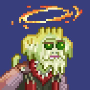 Pixel art portrait of a green-skinned, zombie-like character with a halo above their head, set against a solid dark blue background.