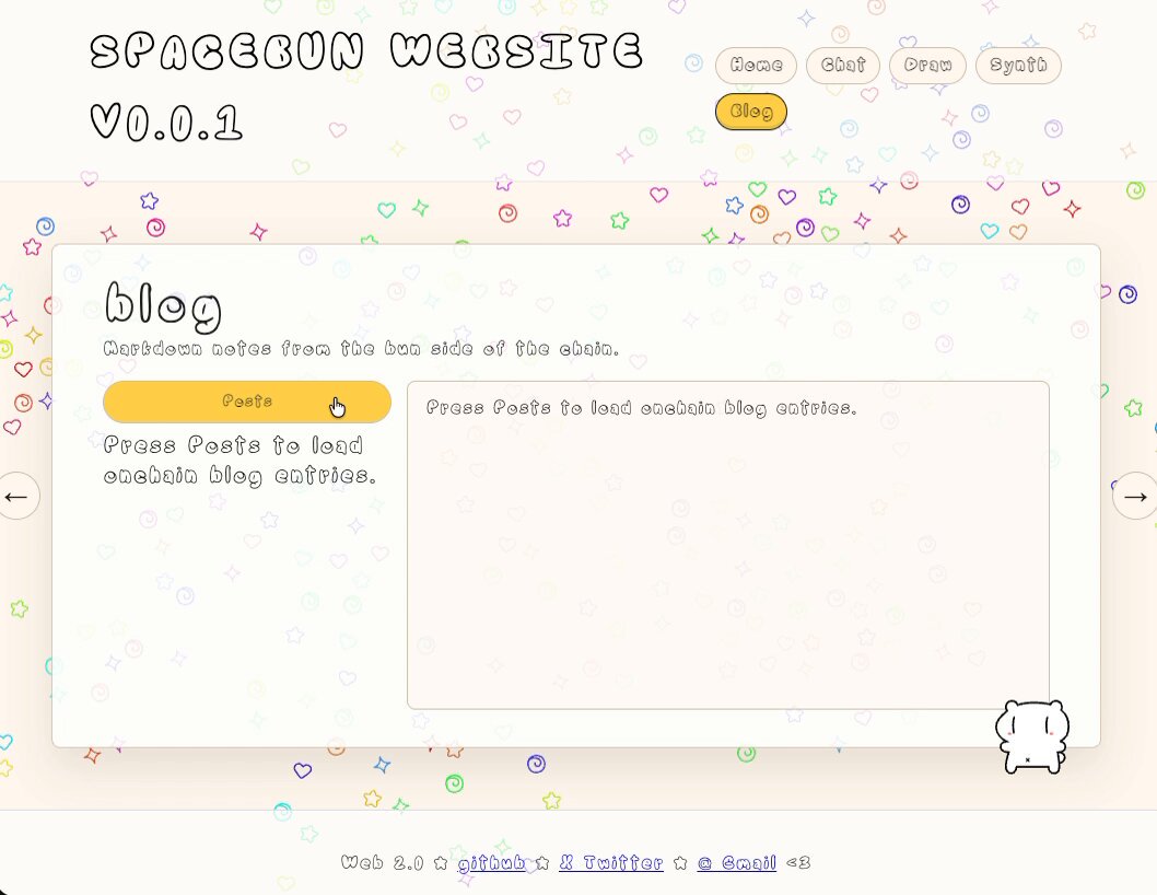 The image presents a screenshot of a web page from a blog hosting platform called Spaceun Website which is designed for creating and sharing blogs. The website features a white background with various illustrations, including hearts and other colorful elements throughout the layout. In the center of the page is an empty box for users to create a new blog entry or review one that has already been posted by someone else. This site offers simplicity and user-friendliness as it allows easy submission of data through online forms and intuitive navigation.