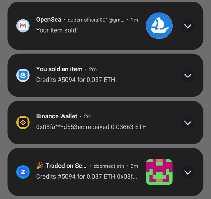 Mobile alerts confirm a successful NFT sale: OpenSea and Binance Wallet notifications show item "Credits #5094" sold for 0.037 ETH (~$8), received as 0.03663 ETH, illustrating the modest starting price highlighted in the caption.