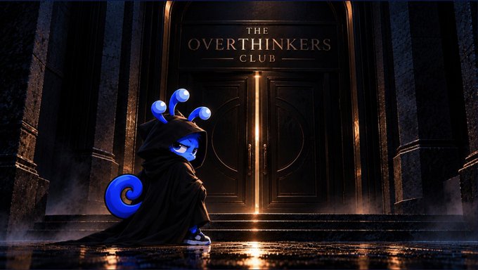 A stylized game-like scene shows a small blue cartoon character in a dark cloak standing outside large doors labeled “THE OVERTHINKERS CLUB.”