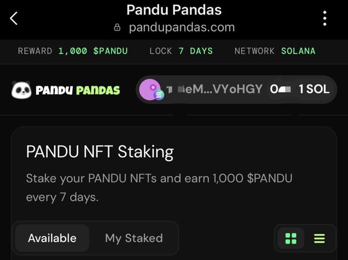 Screenshot of the Pandu Pandas website (pandupandas.com) showing NFT staking details: REWARD 1,000 $PANDU, LOCK 7 DAYS, NETWORK SOLANA, with description 'Stake your PANDU NFTs and earn 1,000 $PANDU every 7 days.'