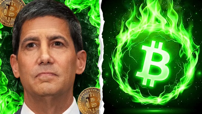 The image features a split design with Fed Chair Kevin Warsh on the left surrounded by green flames and Bitcoin logos, and a fiery green Bitcoin symbol on the right, visually reinforcing the post's message that the Fed's prolonged inflation ("five years of elevated prices") undermines the U.S. dollar's value and pushes people toward Bitcoin as an alternative store of wealth.