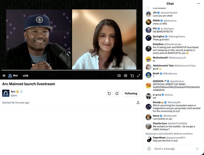 Screenshot of the Arc Mainnet launch livestream on X (Twitter) featuring two speakers and a live chat discussing the blockchain launch and RUNTUP.