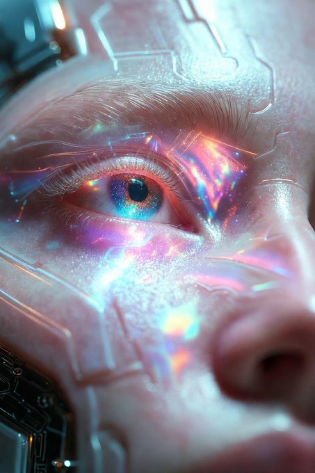 A close-up of a person's eye glowing with iridescent, multicolored light refractions, framed by mechanical circuit-like patterns across the skin, evoking a futuristic, cybernetic aesthetic. The image visually complements the post's "QT Gaze" caption, symbolizing a high-tech, digital gaze that ties into the speculative and AI-driven themes referenced in the mentions.