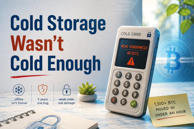 A warning graphic titled 'Cold Storage Wasn't Cold Enough' featuring a hardware crypto wallet displaying 'WEAK RANDOMNESS 40 BITS,' noting that 1,100+ BTC moved in under an hour.