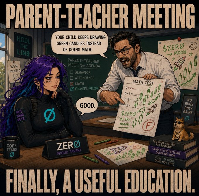A meme titled 'PARENT-TEACHER MEETING' showing a teacher holding a failing math test with rocket and moon drawings, while a parent wearing a 'ZERO' shirt approves, with the caption 'FINALLY, A USEFUL EDUCATION'.