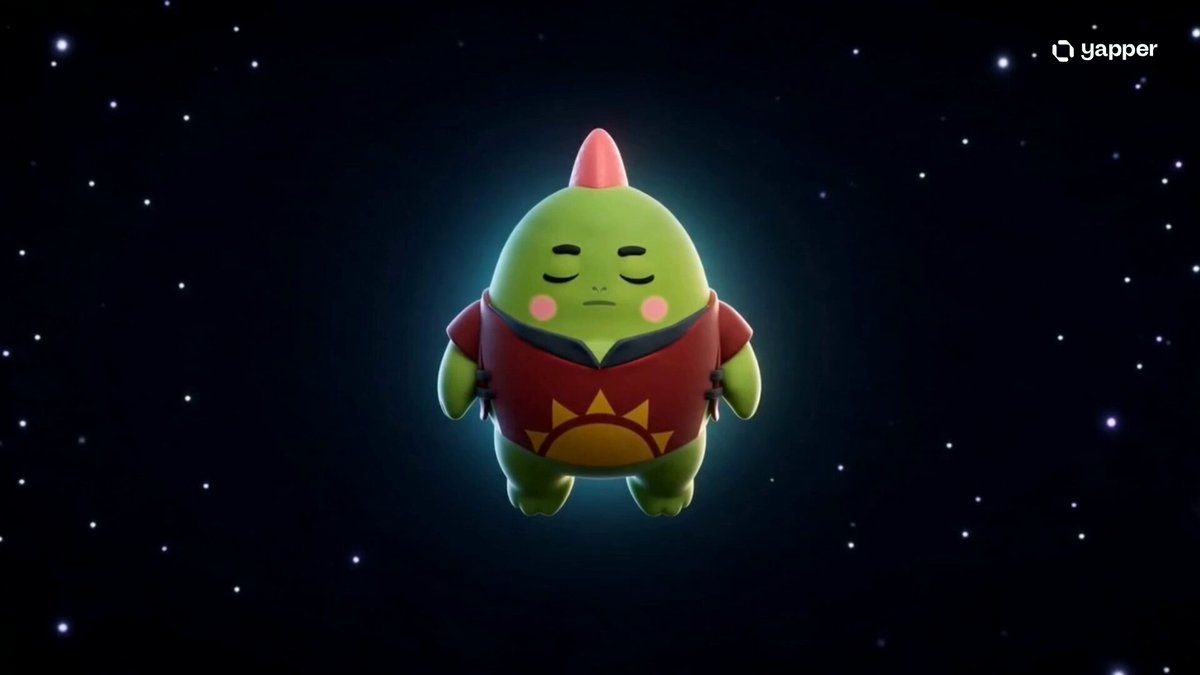The image features a cute green frog character with a red hat and a sun design on its shirt. It appears to be floating in space, giving off a peaceful vibe. The background of the image consists of stars, which adds to the overall cosmic theme. There is also text present that reads "■ sleepagotchi ■ $SLEEP powers real activity in @sleepagotchi It unlocks premium AI credits and subscription benefits Staked levels let users level up, access rewards, and join wellness challenges". This suggests that the image might be related to a gaming or streaming platform where players can earn credits by participating in various activities within the game. The character's peaceful demeanor could also indicate that it is designed for relaxation and stress relief purposes.