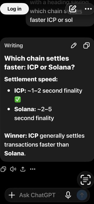 A mobile screenshot of ChatGPT responding to a query 'Which chain settles faster: ICP or Solana?' with bullet points indicating ICP has ~1-2 second finality and Solana has ~2-5 seconds, declaring 'Winner: ICP generally settles transactions faster than Solana.'