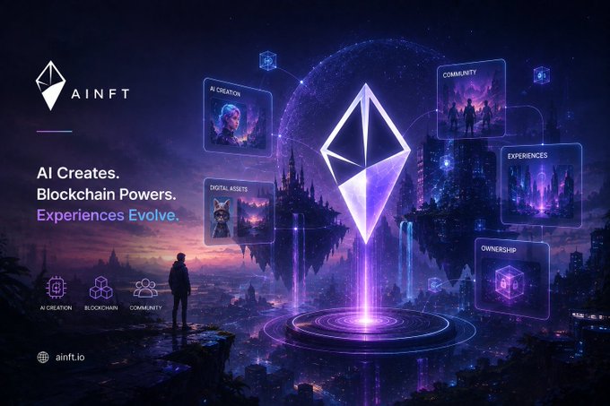 A promotional graphic for AINFT (ainft.io) with the tagline 'AI Creates. Blockchain Powers. Experiences Evolve.', featuring a glowing central Ethereum-like logo surrounded by holographic panels labeled 'AI CREATION', 'DIGITAL ASSETS', 'COMMUNITY', 'EXPERIENCES', and 'OWNERSHIP'.